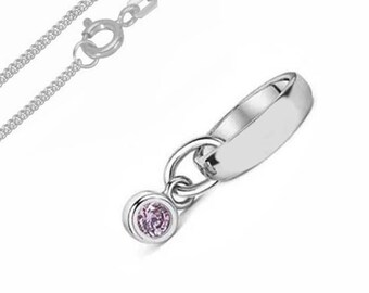 May include: A silver chain necklace with a small pendant featuring a light purple gemstone.