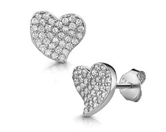 Ear studs heart with zirconia stones, 925 sterling silver, jeweler quality