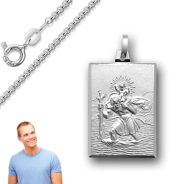 Pendentif Saint Christophe avec chaîne vénitienne (chaîne boîte), argent sterling 925, gravure personnelle