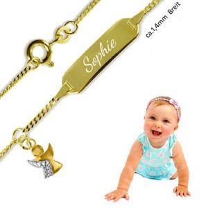 Baby Panzer Name Bracelet with Angel, Real Gold/333(8K)- Incl. Engraving- Made in Germany