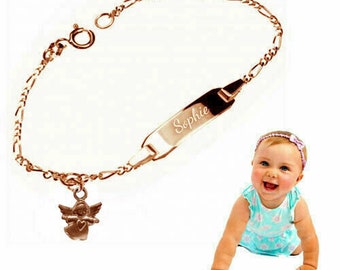 Christening bracelet with guardian angel and heart design - 925 sterling silver, rose gold plated engraving