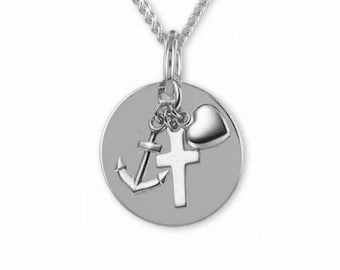 May include: Silver necklace with a round pendant featuring an anchor, cross, and heart charm.