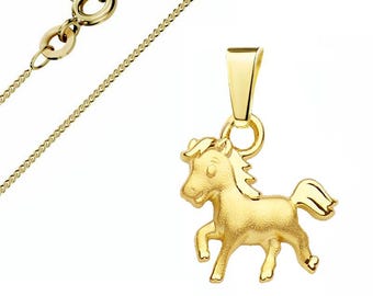 Horse pendant, genuine 333 gold (8 karat), with gold-plated silver chain, Made in Germany