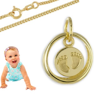 Baptism ring with baby feet - real gold 333 (8K) with silver gold-plated chain, Made in Germany.