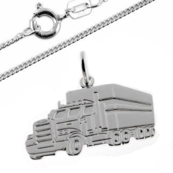 LKW Truck Anhänger mit Kette-925er Sterling Silber-Made in Germany-Gravur