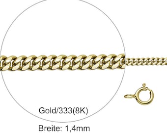 May include: A gold chain necklace with a curb link design. The chain is 1.4 mm wide and is made of 8 karat gold. Gold/333(8K) Breite: 1,4mm