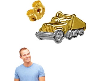 May include: Gold-tone earring featuring a small, detailed model of a yellow dump truck. The earring has a silver-tone post and a butterfly back.