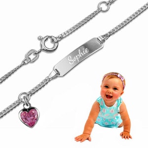 Baby baptism bracelet curb with lucky stone heart sterling silver 925 engraving