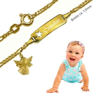 Baby bracelet Figaro with punched star and guardian angel, real gold 333(8K)- engraving- Made in Germany