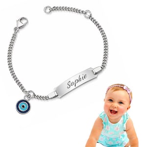 Baby engraved bracelet with Turkish eye, silver 925, engraving, jeweler quality