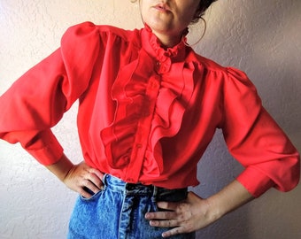 red ruffle front blouse