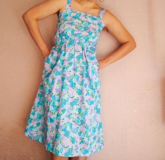 60s True Vintage Blue Floral A-line Dress by Calif