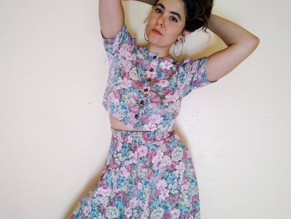 Vintage ILGWU Floral Skirt Crop Top Set