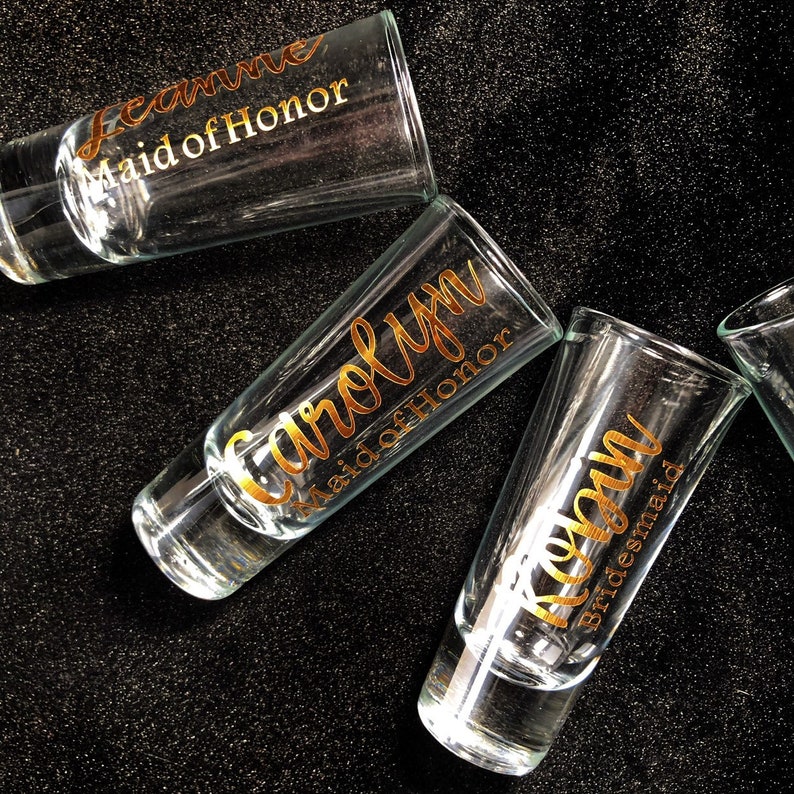PERSONALIZED Metallic Gold Tall Shot Glasses for WeddingBridal Party Bachelor Party Bachelorette Party Baby ShowerBirthday