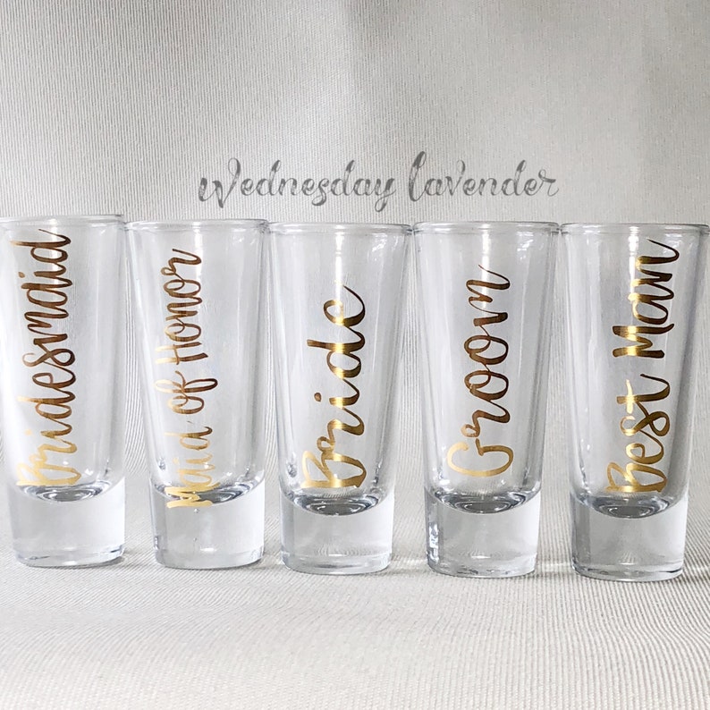 PERSONALIZED Metallic Gold Tall Shot Glasses for WeddingBridal Party Bachelor Party Bachelorette Party Baby ShowerBirthday