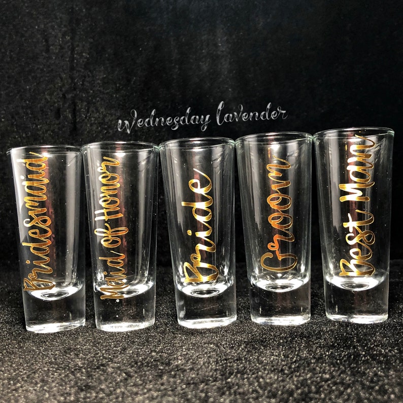 PERSONALIZED Metallic Gold Tall Shot Glasses for WeddingBridal Party Bachelor Party Bachelorette Party Baby ShowerBirthday