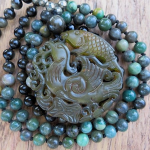 Mala lang Amulett Jade Koi Phönix Jade Gold Obsidian Pyrit Ruhe & neuer Mut Bild 1