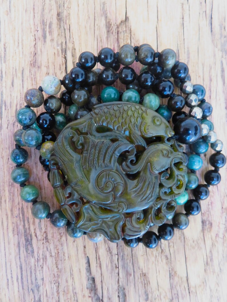 Mala lang Amulett Jade Koi Phönix Jade Gold Obsidian Pyrit Ruhe & neuer Mut Bild 3