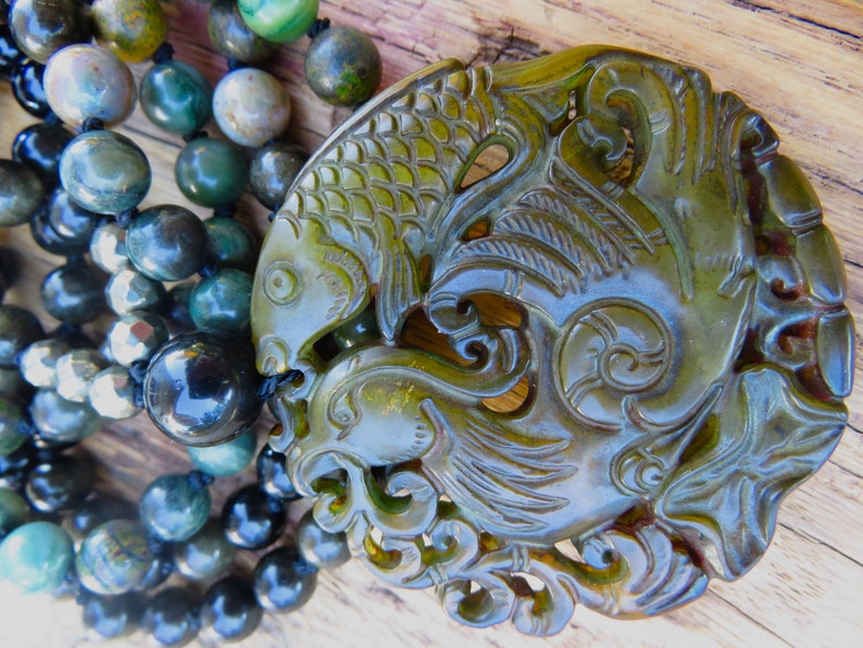 Mala lang Amulett Jade Koi Phönix Jade Gold Obsidian Pyrit Ruhe & neuer Mut Bild 2