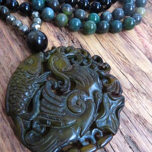 Mala lang Amulett Jade Koi Phönix Jade Gold Obsidian Pyrit Ruhe & neuer Mut Bild 9