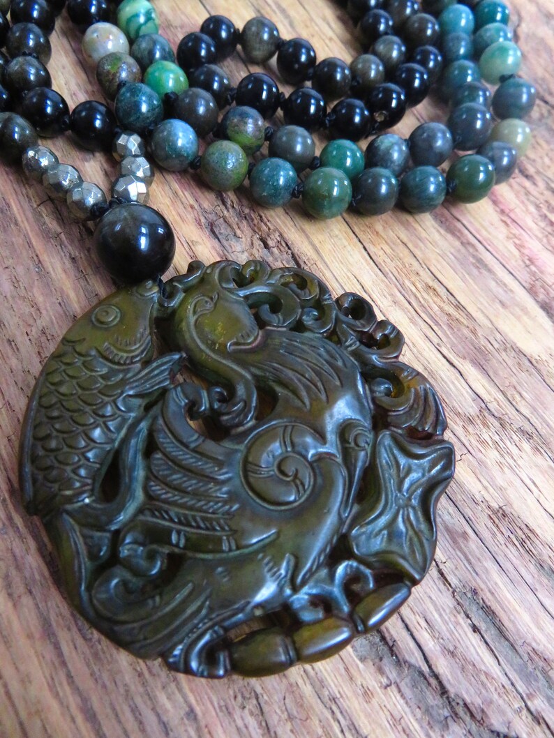 Mala lang Amulett Jade Koi Phönix Jade Gold Obsidian Pyrit Ruhe & neuer Mut Bild 9