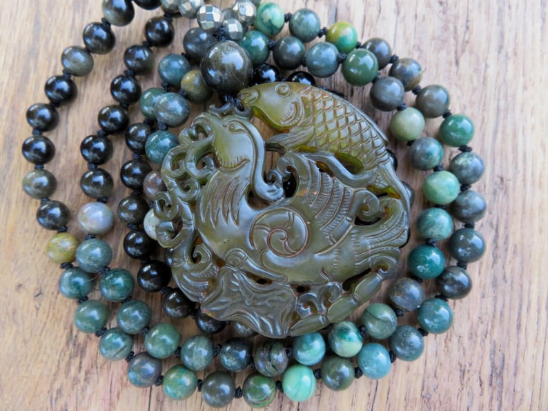 Mala lang Amulett Jade Koi Phönix Jade Gold Obsidian Pyrit Ruhe & neuer Mut Bild 1