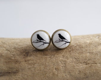 Oiseau 10 mm cabochon bijoux stud boucles d'oreilles vintage blanc romantique