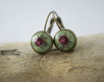 Boucles d'oreilles Rose 10 mm cabochon boucles d'oreilles cabochon bijoux rétro vintage fleur verte