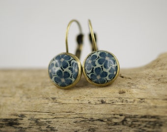 Boucles d'oreilles fleurs jeans cabochon bleu bijoux