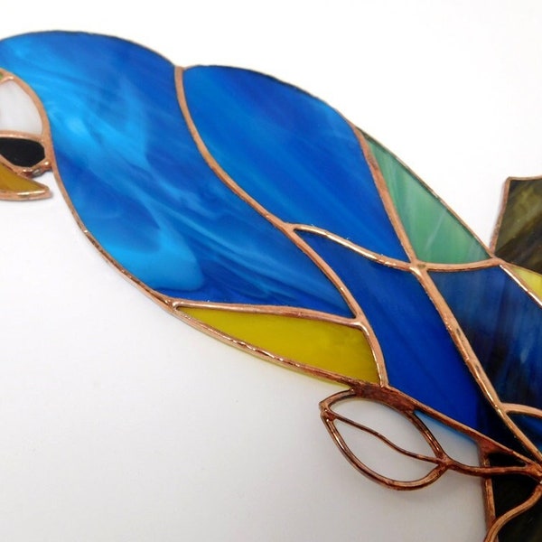 Parrot Blue Ara golden patina - Papagei Blau Ara, Suncatcher Stained glass Window decor.