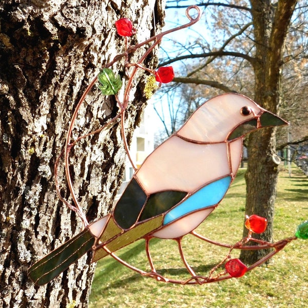 Jay on a twig Suncatcher - Eichelhäher - Stained glass bird