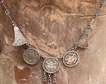 Beautiful vintage necklace from Egypt, silver with scarabs and ankh crosses