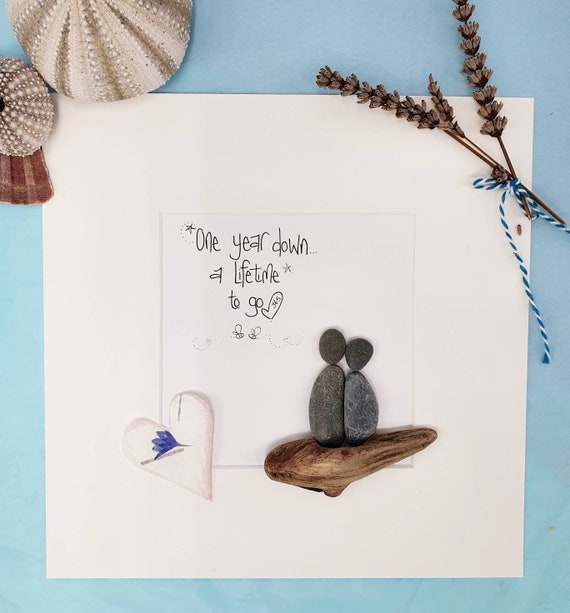 One year wedding anniversary gift, 1st wedding anniversary pebble picture,  pebble Paper wedding