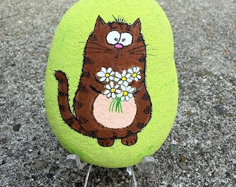 Funny Cat Painted Rock, kitten met bloemen, woondecoratie