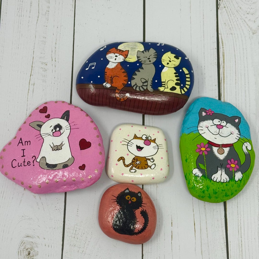 Hand-painted Cat Kitten Rock Art: Ocean Stone Decor - Etsy