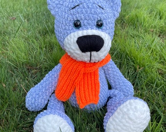 Personalized Crochet Teddy Bear, Blue Plush Cuddle Bear, Baby Shower Gift