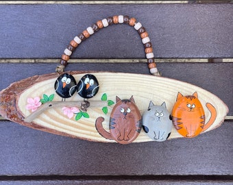 Cats and birds painted rocks on a wood slice, stone art, gift for cat owner, home decor, funny cat, gift for cat lover, funny cat