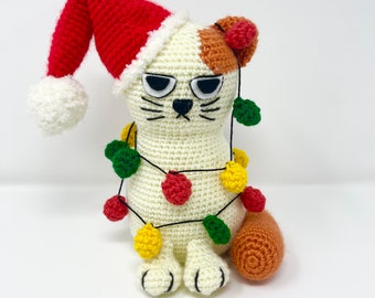 Christmas funny cat, Christmas decor, crochet, knitted, gift for Christmas, kitten, New Year cat, Kitty , cat in a hat, Christmas tree cat