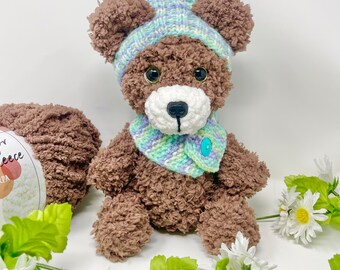 Crochet PDF Pattern: Fluffy Teddy Bear Amigurumi with Knitted Hat (US Terms)