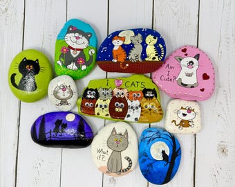 Cat kitten painted rock, stone art, gift for cat owner, home decor, funny cat, gift for cat lover, cat and mouse