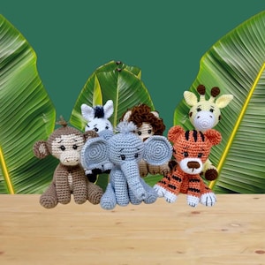 Pattern African Safari animals, bundle 5 in 1 crochet amigurumi knitted, small lion, elephant, giraffe, zebra, tutorial