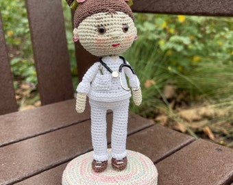 Personalized custom Nurse Doll with stethoscope knitted crochet small doll, gift for health care workers, graduation gift, nurse gift