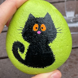 Black cat kitten painted rock, stone art, gift for cat owner, home decor, funny cat, gift for cat lover