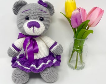 PATTERN PDF Teddy Bear girl crochet, bear in a dress, nursery decor, Teddy bear gift, baby shower gift, tutorial, for beginners, purple bear