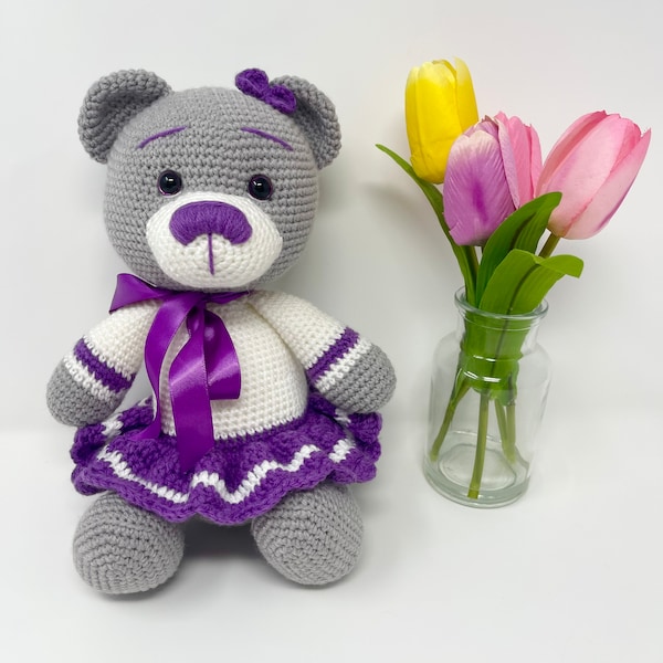 PATTERN PDF Teddy Bear girl crochet, bear in a dress, nursery decor, Teddy bear gift, baby shower gift, tutorial, for beginners, purple bear