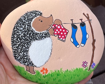 Funny Hedgehog painted rock, stone art, gift for adult or child, home decor, cute hedgehog, woodland animal, painted stone