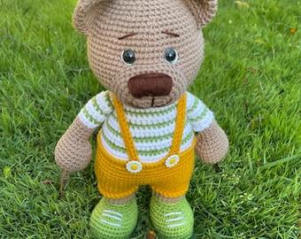 Personalized Teddy Bear, crochet, knitted, custom, gift for baby shower, gift for boy or girl, nursery decor, cuddle bear in shorts