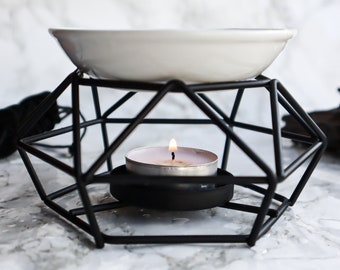Brûleur à huile noir avec porte-bougies chauffe-plat en céramique minimalisme moderne Oud Bakhoor Fondant à cire Oud Brûleur à huile essentielle Cadeau de pendaison de crémaillère