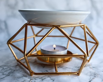 Gold Oil Burner with Ceramic Dish Tealight Holder Aromatherapy Essential Oil Incense Aroma Diffuser Wax Melter Burner Modern Geometric