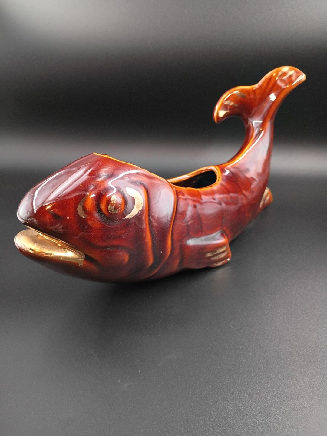 Mccoy Koi Fish Planter/ Vase Brown W Gold Accents Pottery #285 Mid ...